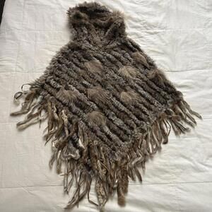 Vintage fur and suede leather hooded poncho with fringe One size, from Japan